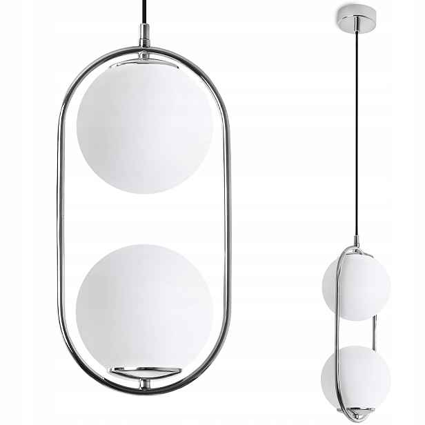 Závěsná Stropní Lampa Lustr Stříbrná Bílá Skleněná Koule Ring Moderní