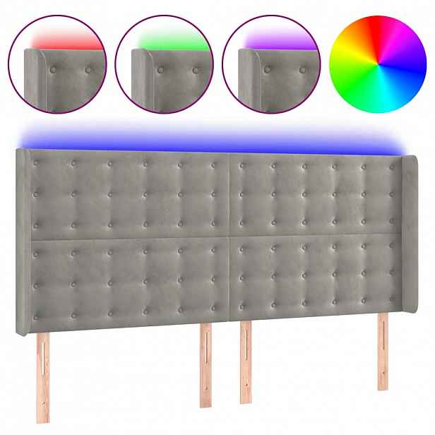 vidaXL Čelo postele s LED světle šedé 163 x 16 x 118/128 cm samet