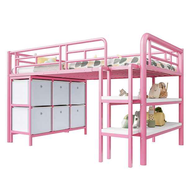 Modenvie VYSOKÁ postel 90/200 cm z kovu a MDF, růžovo-bílá, s úložným prostorem