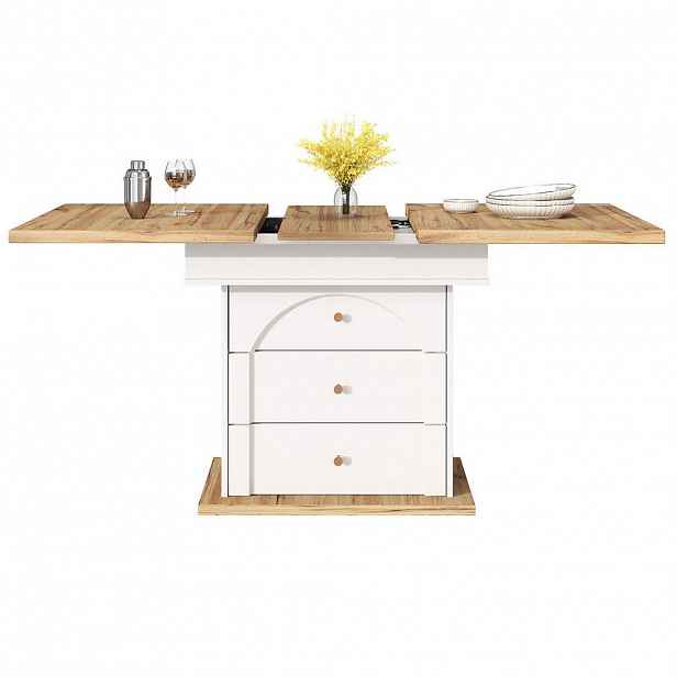 OKWISH JÍDELNÍ stůl 110-140/80/75 cm bílý a přírodní z MDF s rozkládací deskou a úložným prostorem