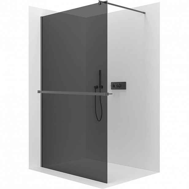 Sprchová zástěna Walk-in Onyx Round L/P - 8 mm + polička/držák na ručníky - kulatá vzpěra - černá matná, grafitové sklo - 100x200 cm