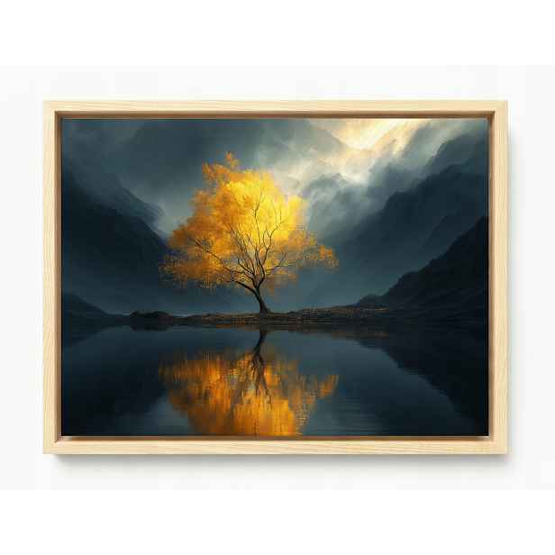 Obraz Rám American Box Zlaté Horské Dřevo Jezero Mlha Odraz 80x60
