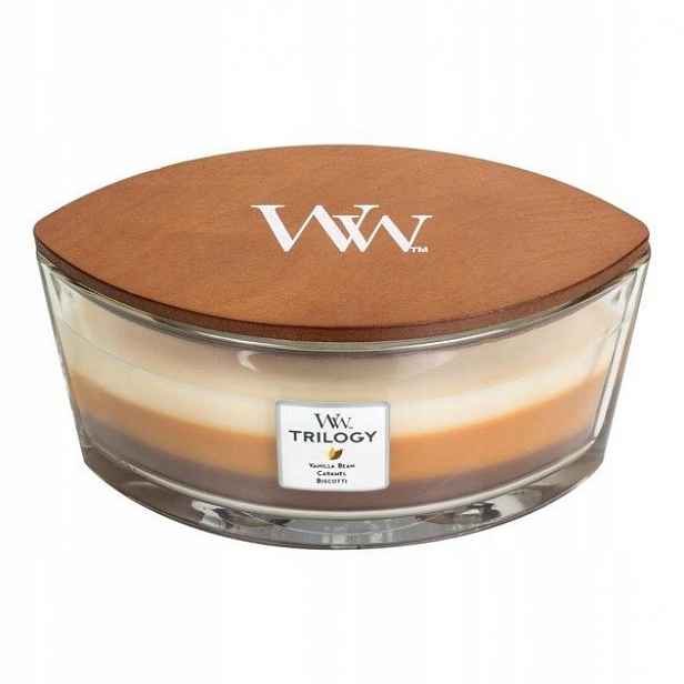 Vonná svíčka Woodwick Trilogy Hearthwick Elipsa Loďka Cafe Sweets 453 g