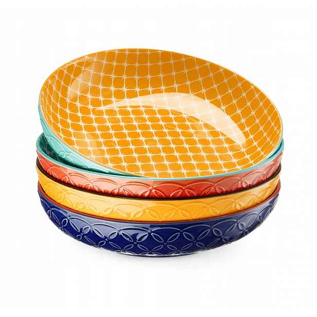 Hluboký Talíř Set 4 kusů barevných 22 cm na polévku, obědové těstoviny