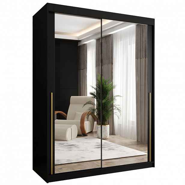 Home Collective ŠATNÍ SKŘÍŇ S POSUVNÝMI DVEŘMI se zrcadlem, šířka 150 cm, černá se zlatým madlem