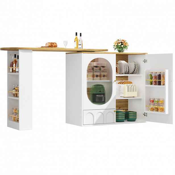 OKWISH BAROVÝ stůl 138/39/105 cm bílý z MDF a kovu s otočným přístavným stolkem a úložným prostorem
