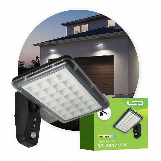 Venkovní solární Led lampa 15W Snímač pohybu a soumraku Regulace Černá