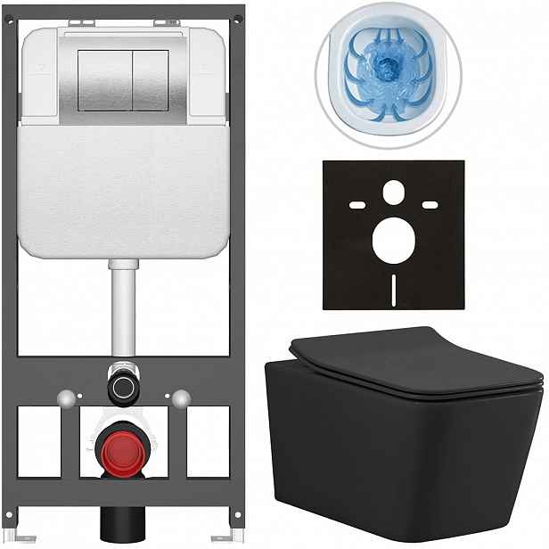 Kompletní WC set Basic/Forte - černá matná - WC tlačítko Maxio/Stříbrná - závěsné - předstěnová instalace - 51x36 cm