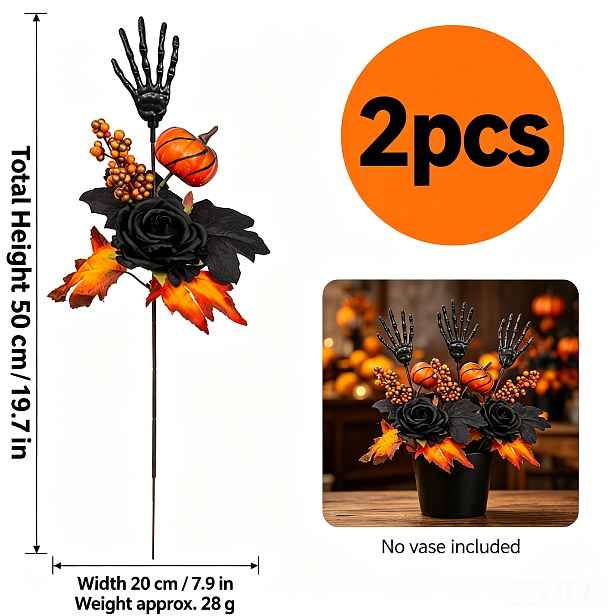 TEMU Sada 2 ks Halloweenských umělých dekorativních květinových stonků, černá umělá lebka s rukou s černými růžemi, dýní, oranžovo-černými javorovými