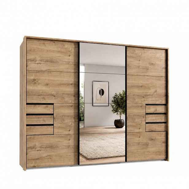 luma-home SKŘÍŇ S VZVÍSEJÍCÍMI DVEŘMI, 273 × 64 × 213 cm (Š×H×V), 3dveřová, pasparta, zásuvky, dekor dubu/zrcadlo / 22618