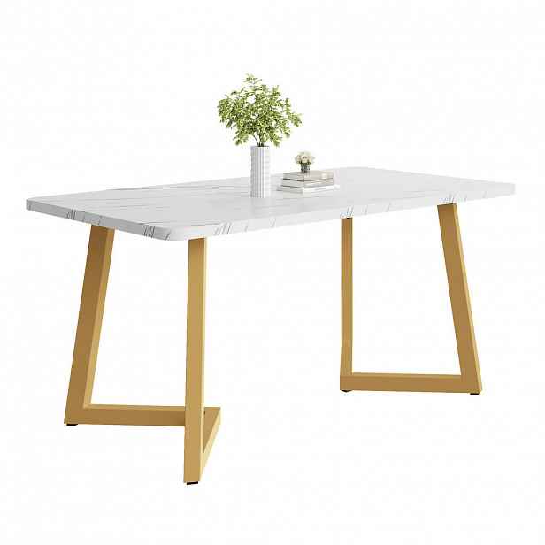 OKWISH JÍDELNÍ stůl 117/68/75 cm bílo-zlatý z MDF v mramorovém dekoru s kovovými nohami