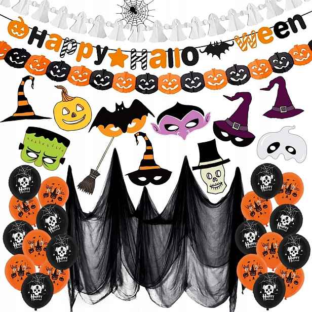 Dekorativní sada na Halloween – girlanda Happy Halloween, banner