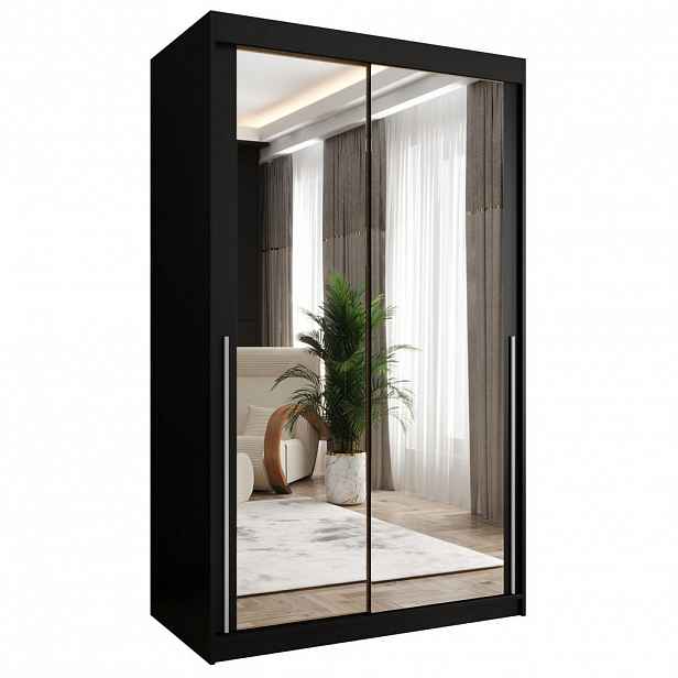 Home Collective ŠATNÍ SKŘÍŇ S POSUVNÝMI DVEŘMI se zrcadlem, šířka 120 cm, černá se stříbrným madlem