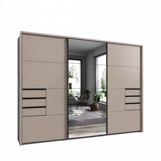 luma-home SKŘÍŇ S VZVÁJENÝMI DVEŘMI, 273 × 64 × 213 cm (Š×H×V), 3dveřová, pasparta, zásuvky, pískově šedá/zrcadlo / 22621