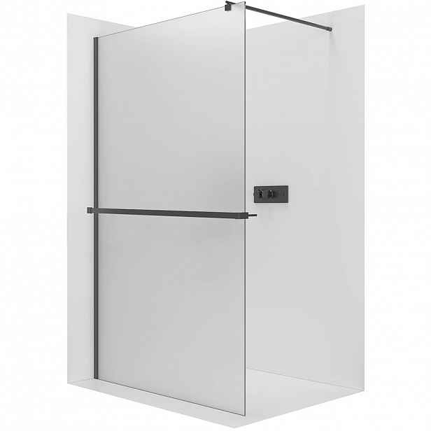 Sprchová zástěna Walk-in Onyx Round L/P - 8 mm + polička/držák na ručníky - kulatá vzpěra - černá matná, mléčné sklo - 110x200 cm