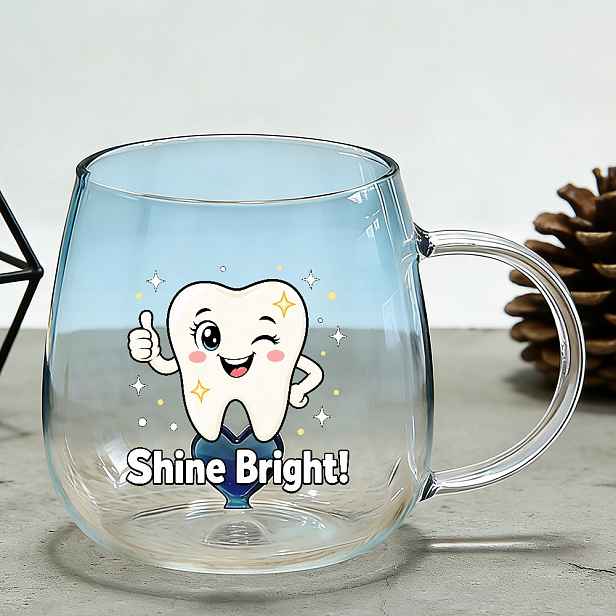TEMU Hrnky, Šálky na kávu, Roztomilý hrnek se smějícím se zubem, Kawaii kreslený skleněný šálek na kávu, Modrý přechod s , Inspirativní design „Září