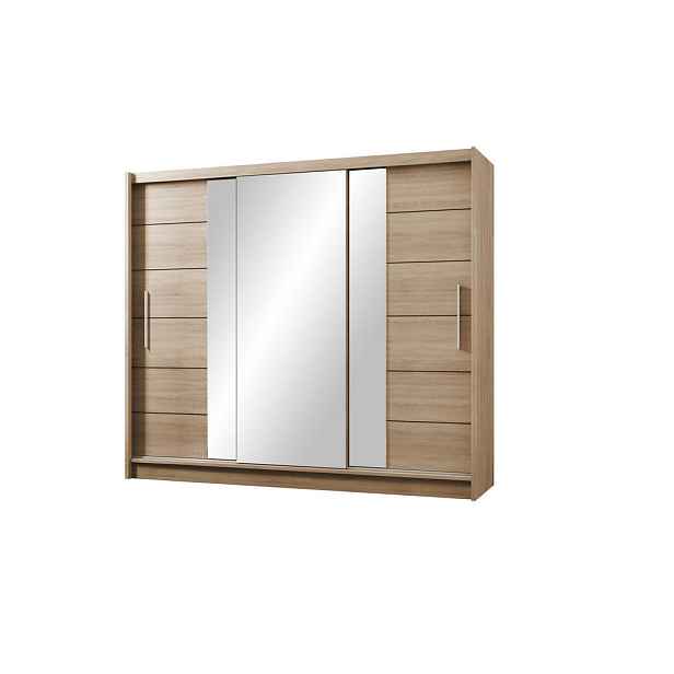 MASSENO ŠATNÍ SKŘÍŇ S POSUVNÝMI DVEŘMI KAYLE, 250/215/61 cm 3dveřová se zrcadlem, dub Sonoma