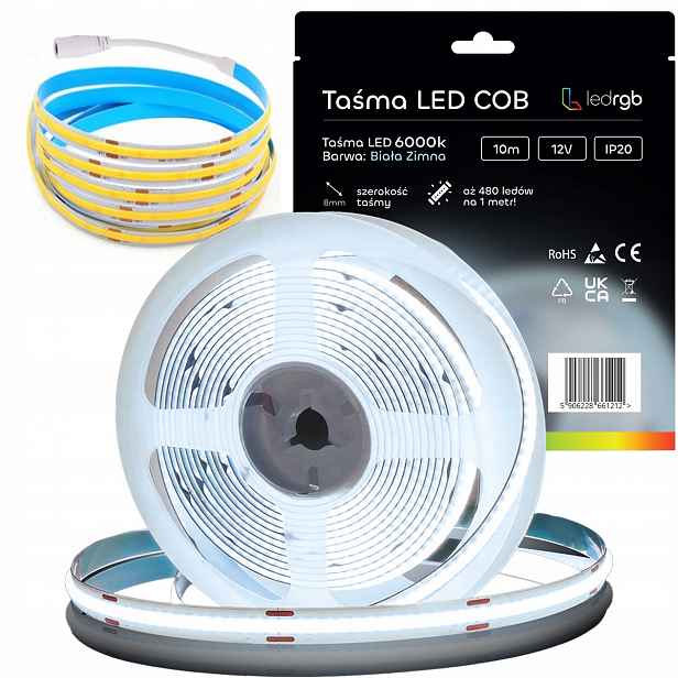 Led pásek Neon Cob 12V 10 m 480 diod 6000K Bílý Studený Homogenní 8MM IP20