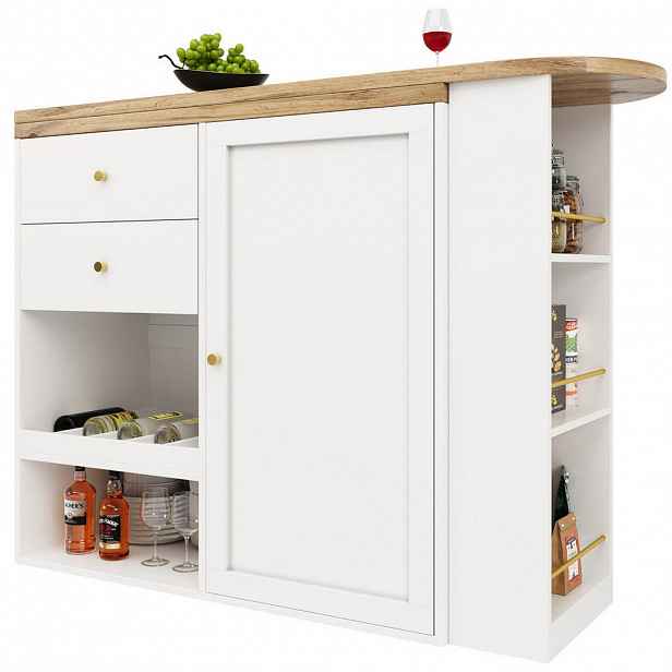 OKWISH BAROVÝ stůl 138/39/104 cm bílý z MDF s otočnými policemi a 4 zásuvkami
