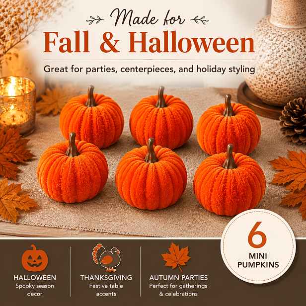 TEMU Sada 6 ks imitace dýní - Oranžové umělé dýně z flanelového materiálu, vhodné pro podzimní a halloweenské dekorace, lze použít jako dekorace na