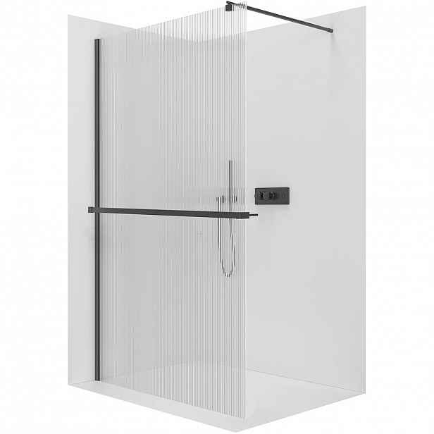 Sprchová zástěna Walk-in Onyx Round L/P - 8 mm + polička/držák na ručníky - kulatá vzpěra - černá matná, rýhované sklo - 110x200 cm