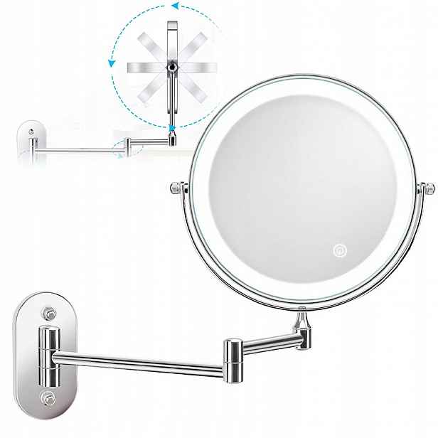 Kosmetické zrcátko na make-up s Led podsvícením, otočné, stříbrné, kulaté