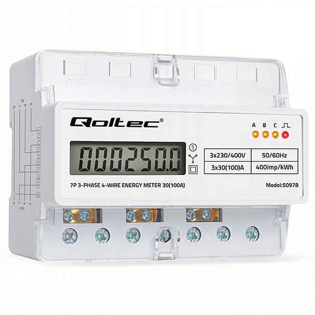 3-fázový elektroměr 400 V 100 A Din TH35 LCD počítadlo 7P Qoltec