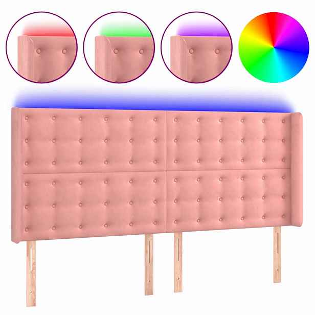 vidaXL Čelo postele s LED růžové 203 x 16 x 118/128 cm samet