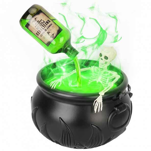 Halloweenský kotlík s mlhou, kostlivec, 3 potiony, 25 cm