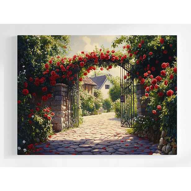Obraz Na Plátně Canvas Brána Červené Růže Venkovská Zahrada Dům Příroda 80x60