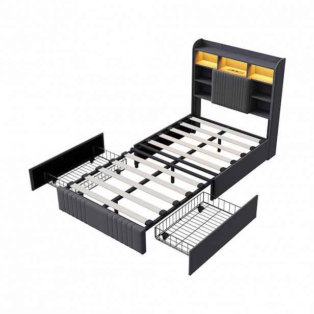 SHOPENTRA ČALOUNĚNÁ postel 90x200 šedá lněná látka, 2 zásuvky, LED, USB/USB-C