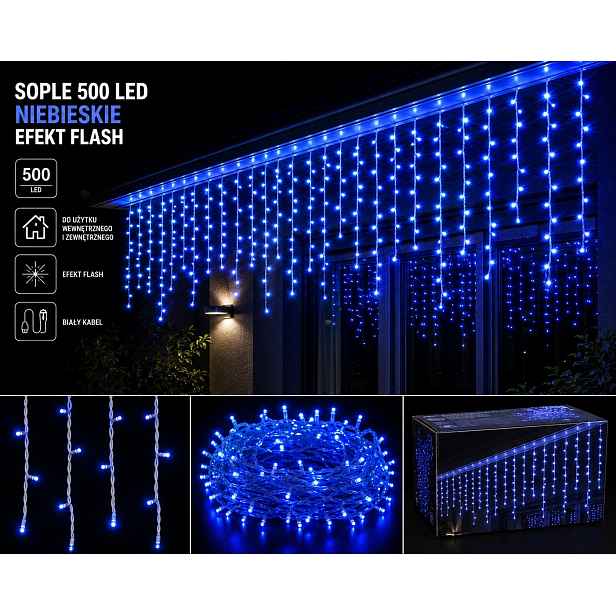 Rampouchy 500 Led 25 M Modrá Studená Flash Clona Venkovní Osvětlení IP44