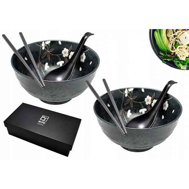 Sada 2 misek s lžícemi a paličkami Udon Kuroi Hana 800 ml Box