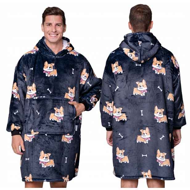 Koc oversize mikina Silná Mikinová Deka 2v1 XXL Vzor Corgi Dárek Bluzo Deka