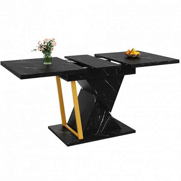 Redom JÍDELNÍ stůl 110/140/80/76 cm s výsuvnou deskou, mramorový dekor a stabilní kovová konstrukce, Černá