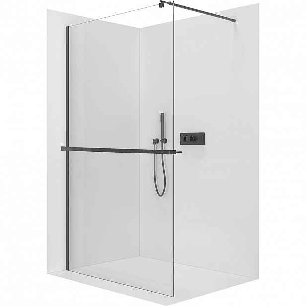 Sprchová zástěna Walk-in Onyx Round L/P - 8 mm + polička/držák na ručníky - kulatá vzpěra - černá matná, transparentní sklo - 120x200 cm