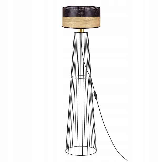 Černá stojací podlahová lampa E27 dýha dřevo obývací pokoj loft industrial