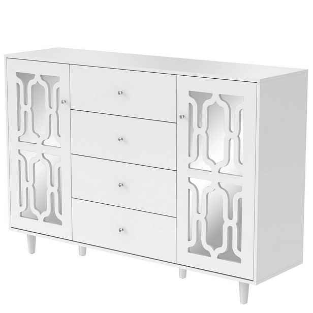 Redom SIDEBOARD 147,5/40/102 cm s dveřmi, zásuvkami a zrcadlovým povrchem, s krystalovými úchyty, Bílá