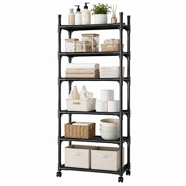 TEMU Úzký 6patrový pojízdný regál 165x40x32 cm Černý mobilní organizér Prostorná skříňka do kuchyně, koupelny, prádelny, spíže, šatní skříně, úložný
