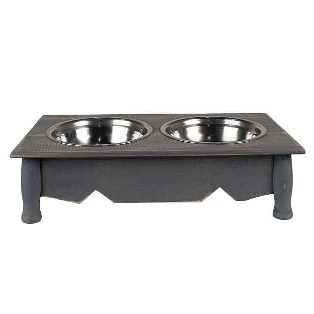 Misky pro zvířata v šedém antik dřevěném stojanu - 41*22*12 cm / 2*500 ml Clayre & Eef