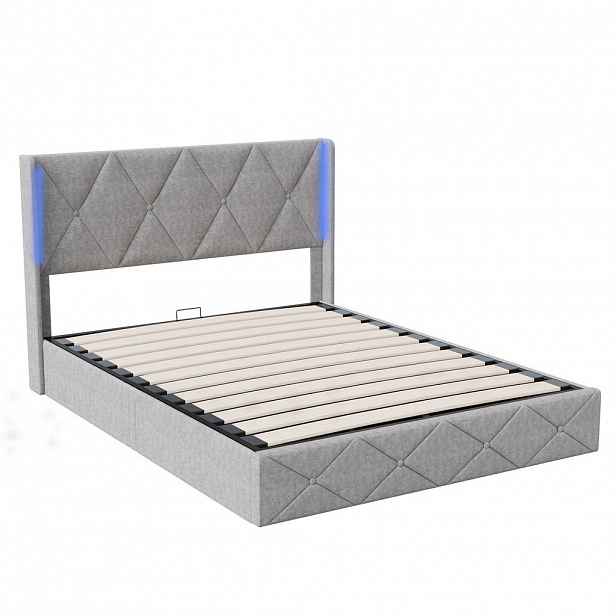 ČALOUNĚNÁ postel 140x200 cm s lamelovým roštem a boxem, čelo, LED, sametový potah, šedá