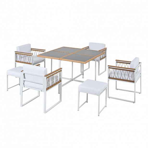 Modfu ZAHRADNÍ jídelní set z kovu, ratanu a látky 117x117x73 cm bílá a přírodní s odolným skleněným stolem a polštáři