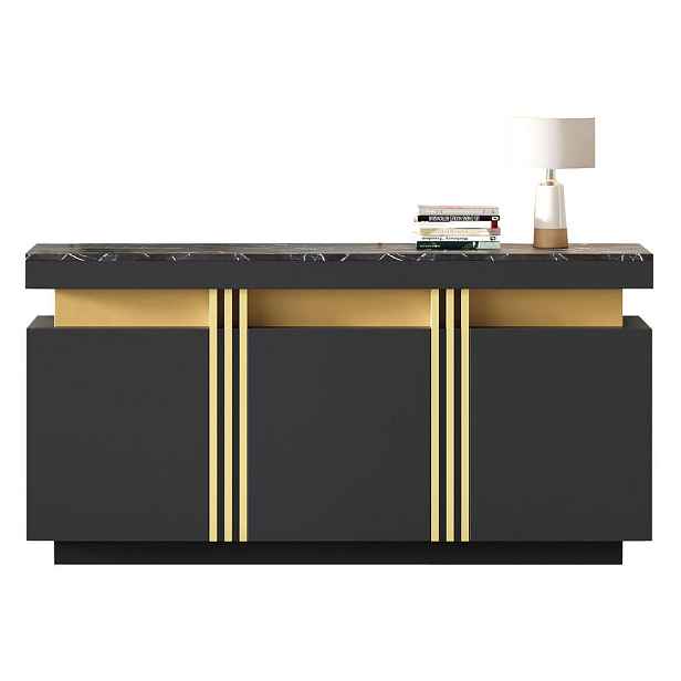 Redom SIDEBOARD 140/38/70 cm s nastavitelnými policemi, 3 dvířky a mramorovým dekorem, Černá