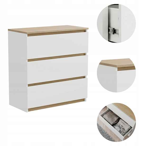 Komoda Skříňka Bílá 60 cm 3 Zásuvky do obývacího pokoje ložnice nastavitelná Snadná Montáž