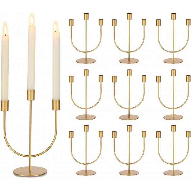 Dekorativní tříramenný kovový svícen Elegantní sada 10 Kusů Zlatá