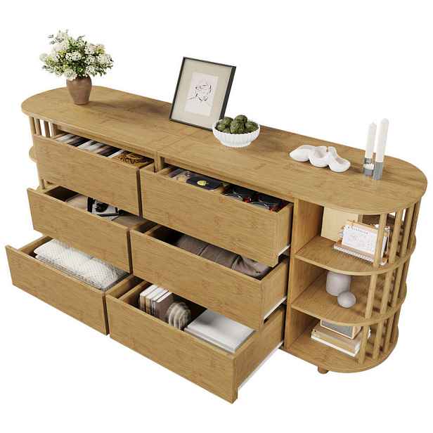 Redom SIDEBOARD 160/40/75 cm s 6 zásuvkami, otevřenými policemi a nastavitelnými nohami, Dub