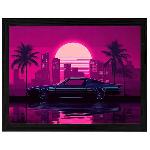 Plakát Rámeček Dřevo Grafika Synthwave Auto Slunce Miami Vice 80x60
