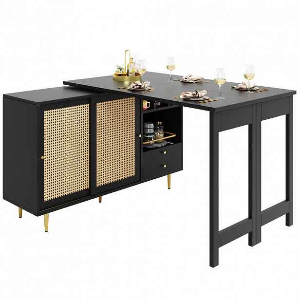 Modfu BAROVÝ stůl z MDF 187x40x76 cm černý otočný o 360° s výsuvnou deskou, úložným prostorem a ratanovými dvířky