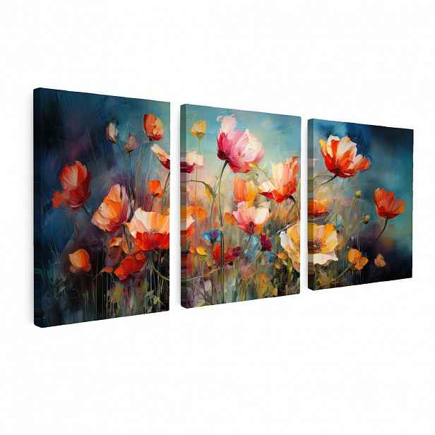 MuchoWow OBRAZ NA PLÁTNĚ 3dílná sada Květiny - barevné - abstraktní 90x40 cm