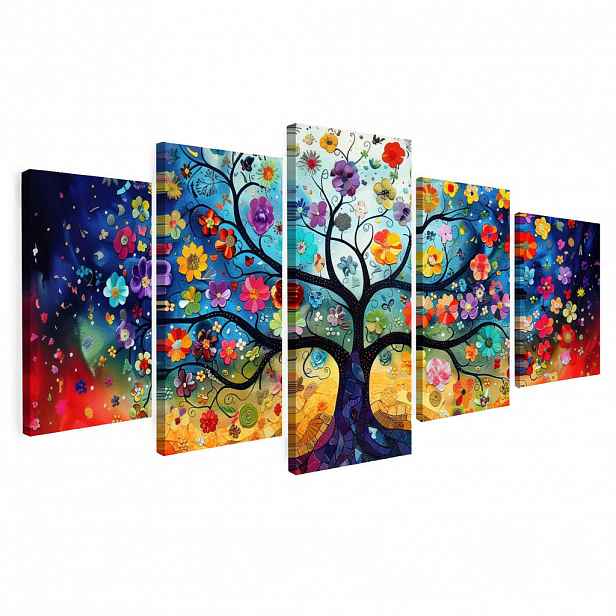 MuchoWow OBRAZ NA PLÁTNĚ 5dílná sada Barevné - Strom života - Květiny - Abstraktní 100x50 cm